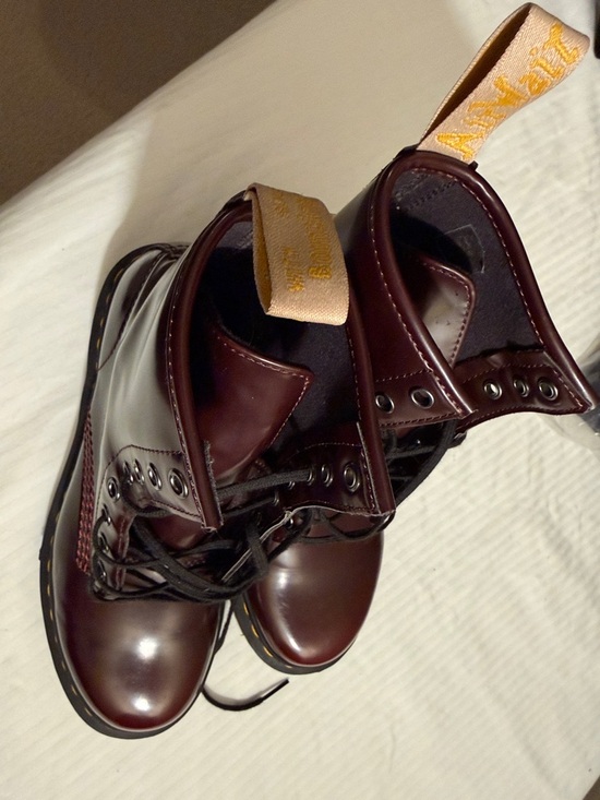 Dr. Martens Shoes - Dr. Martens Cherry/Deep Red Leather Combat Boots with Yellow Heel Loop